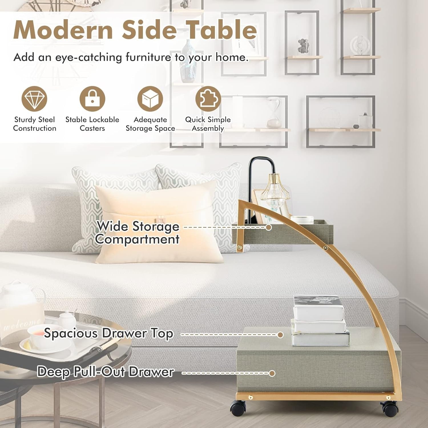 Rolling Sofa Side Table with Tray & Drawer | Mobile Bedside Cart on Wheels Gold