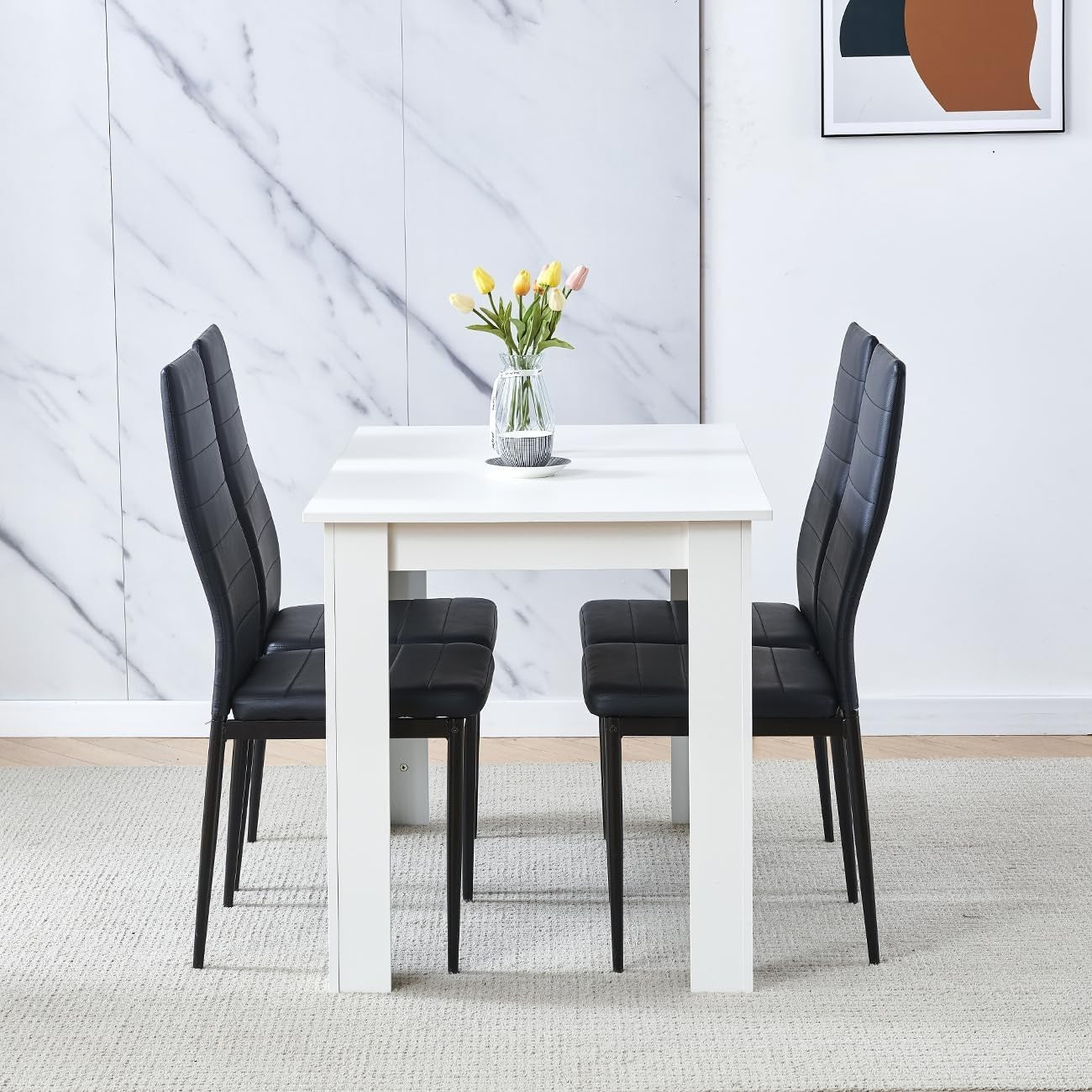 Modern 5-Piece Black Leather Dining Table Set | Space-Saving Kitchen Table