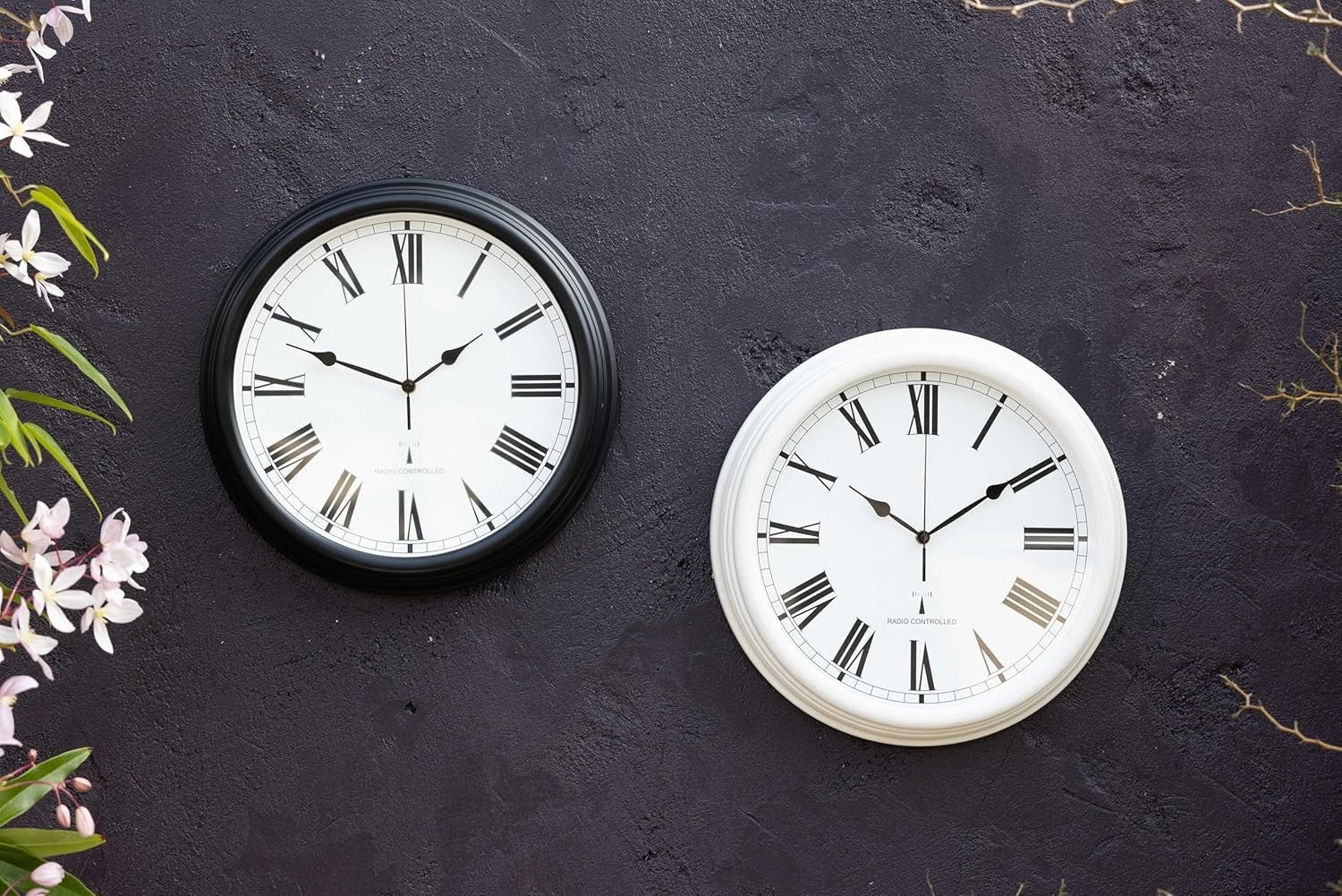 Outdoor Radio Controlled Wall Clock 38cm Black Roman Numerals Garden Patio