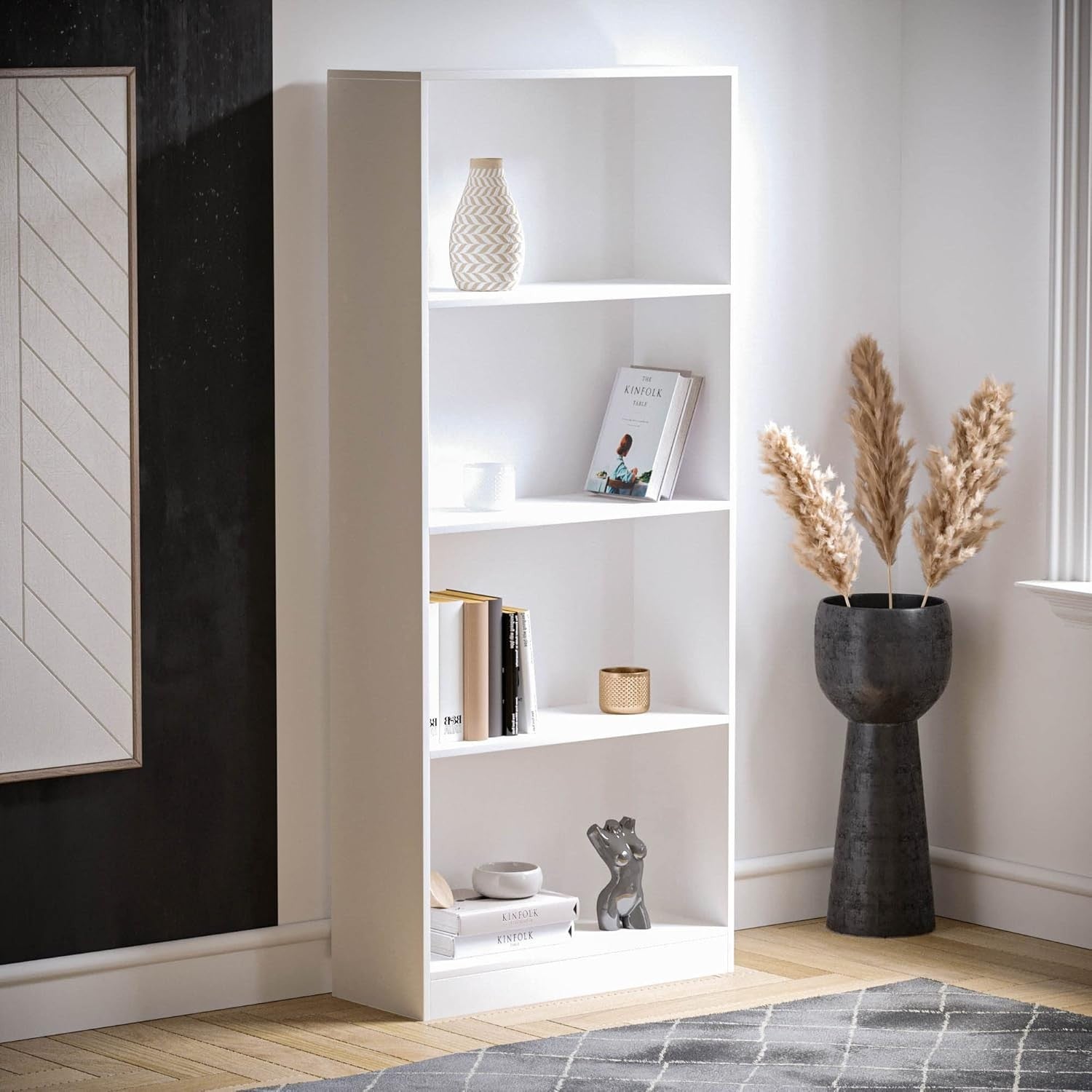 4 Tier White Wooden Bookcase Modern Storage Display Shelf for Living Room