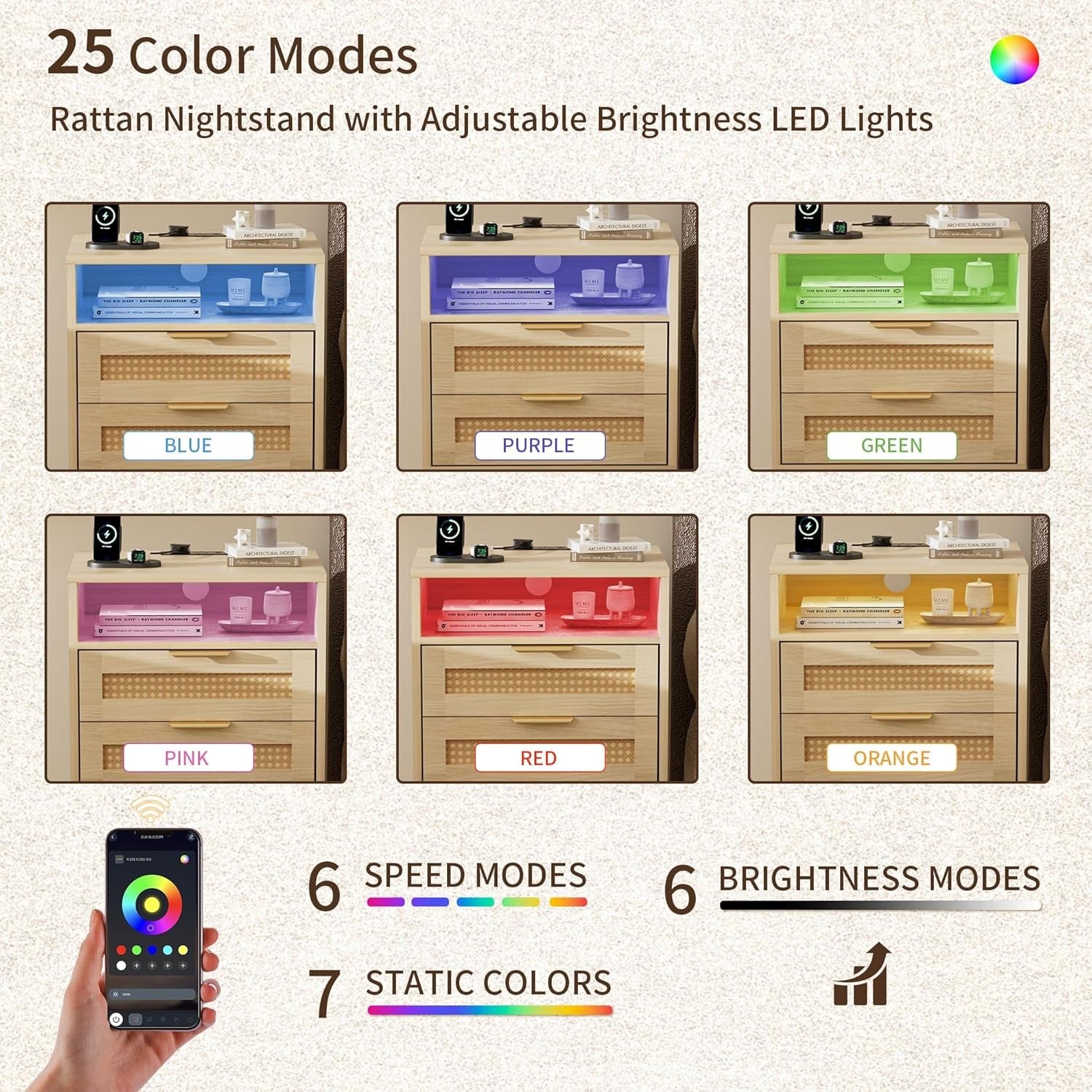 Set of 2 Bedside Table,Nightstand with Charging Station and LED Lights, Bedside
