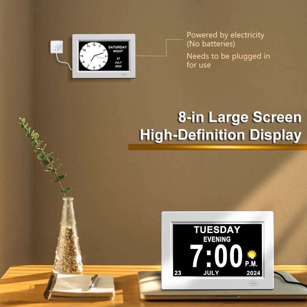 8” Dementia Digital Clock Large Day Date Display Auto Dimming Elderly