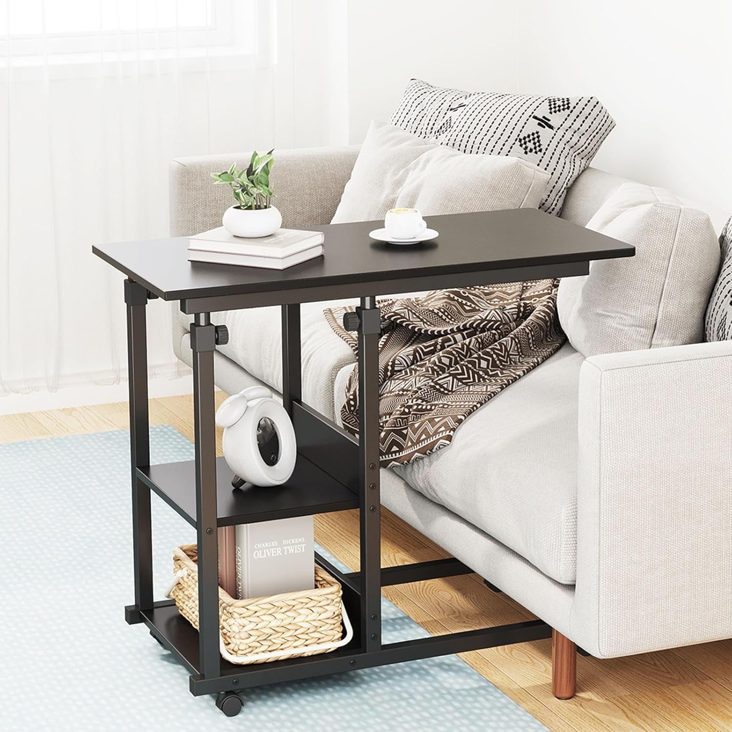 C Shaped Side Table Height Adjustable Sofa Bed Laptop Desk Black Wheels
