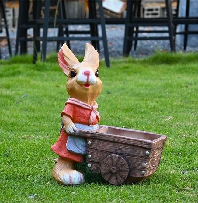 Pink Rabbit Garden Ornament with Wheelbarrow • Resin Outdoor Statue • Patio Yard