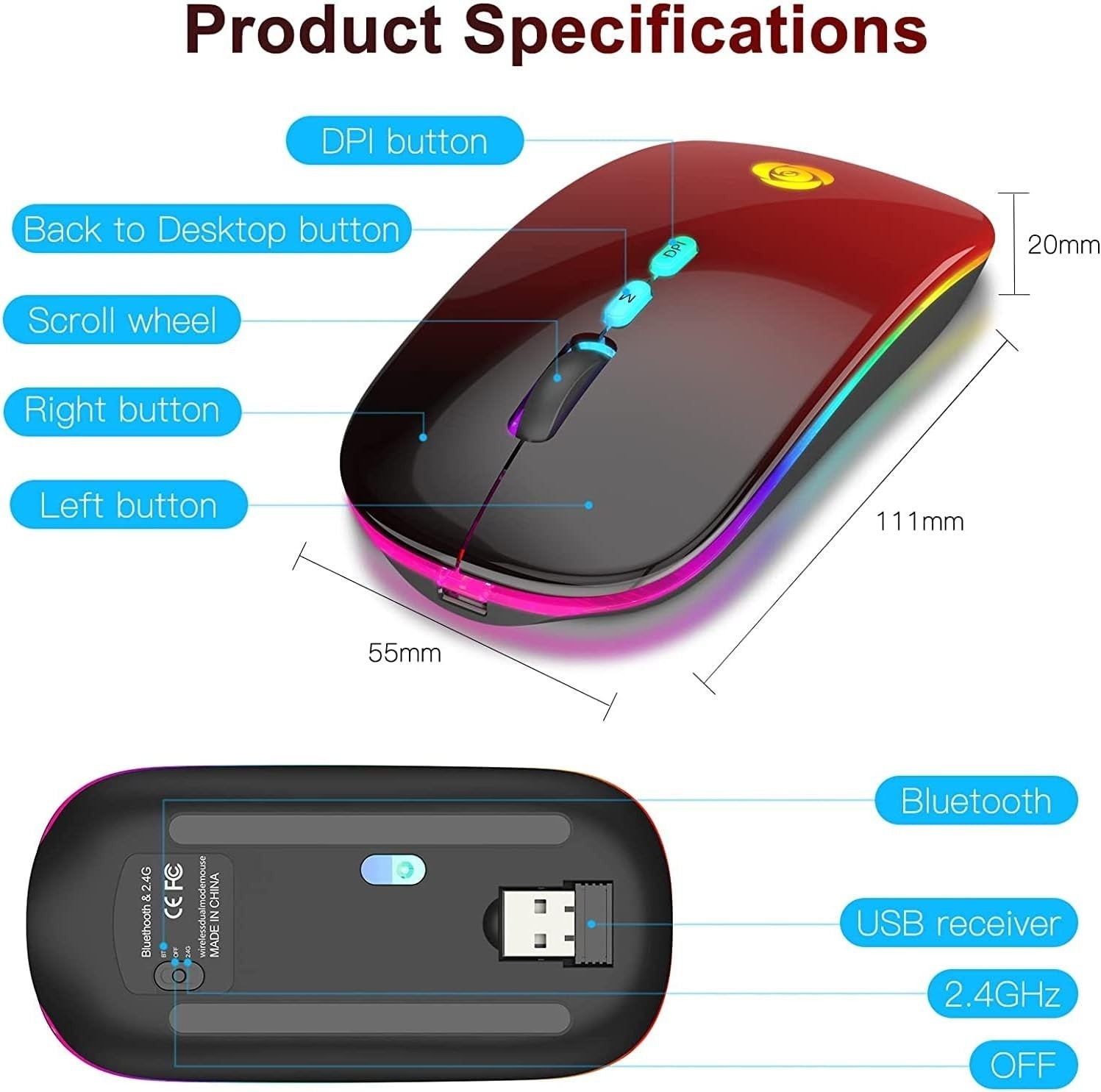 Wireless Bluetooth Mouse Rechargeable Silent RGB Type-C Red
