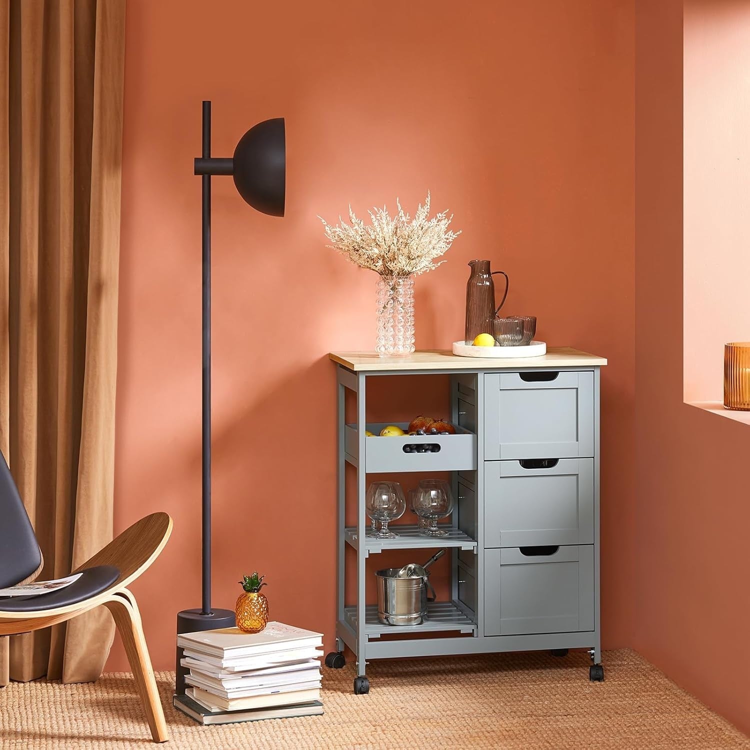 Kitchen Island Trolley with 3 Drawers & Removable Tray Grey 67x37cm