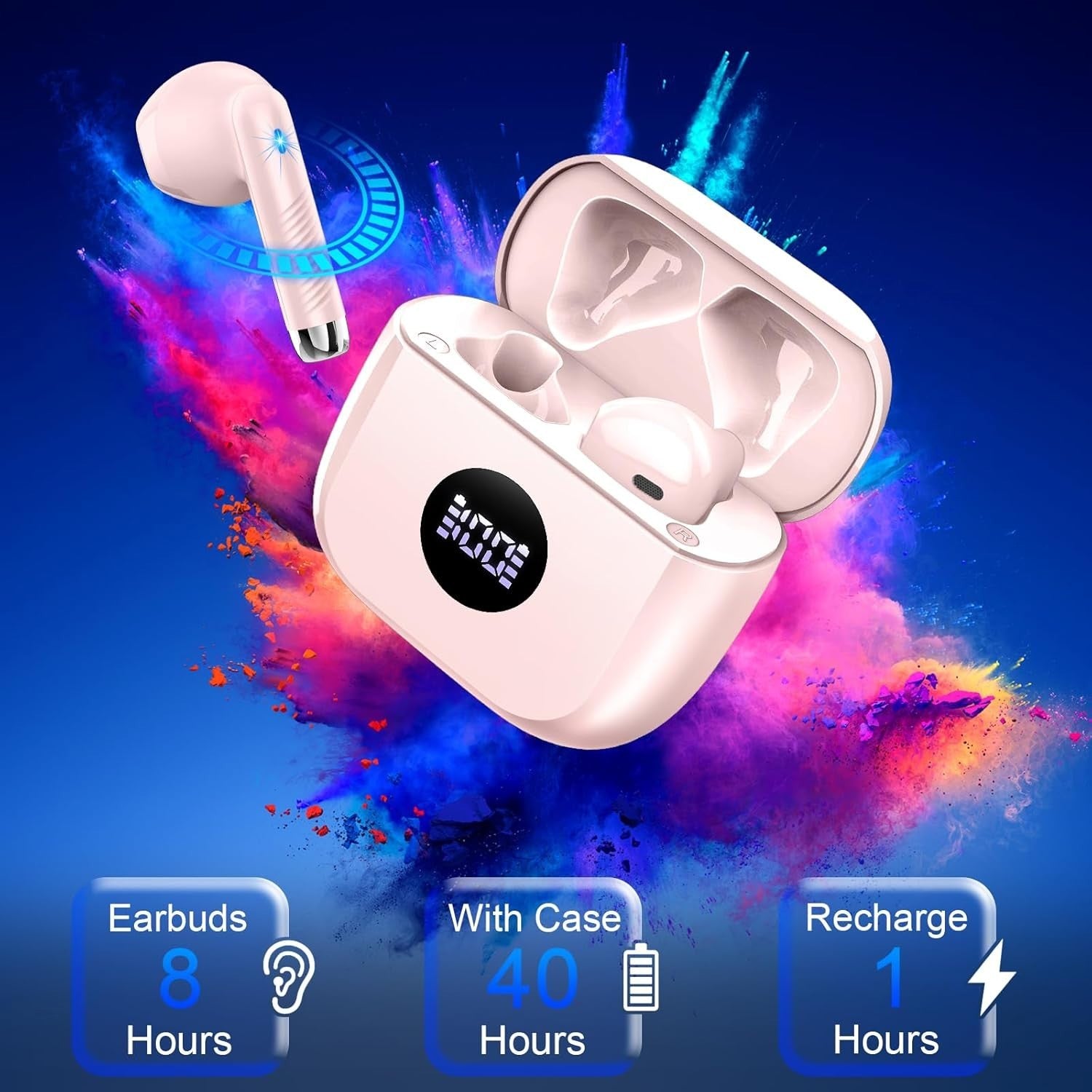 Bluetooth 5.4 Wireless Earbuds 4-Mic ENC Deep Bass 40H LED Display Pink