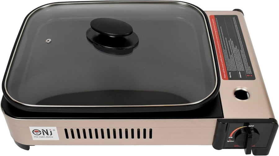 Portable Gas BBQ Grill Stove with Deep Dish Non-Stick Pan & Glass Lid