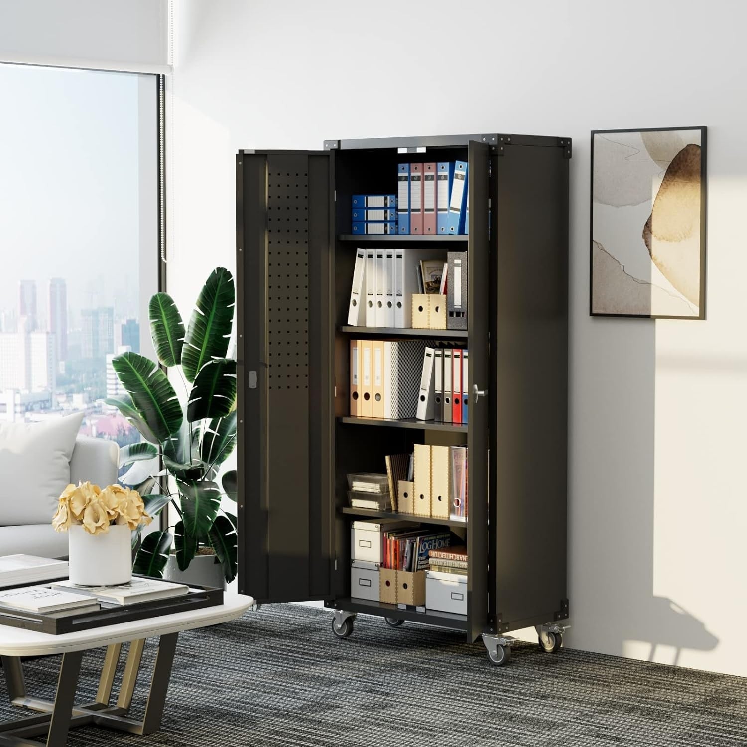 Tall Metal Storage Cabinet 183cm Lockable Doors Shelves Wheels Garage Home