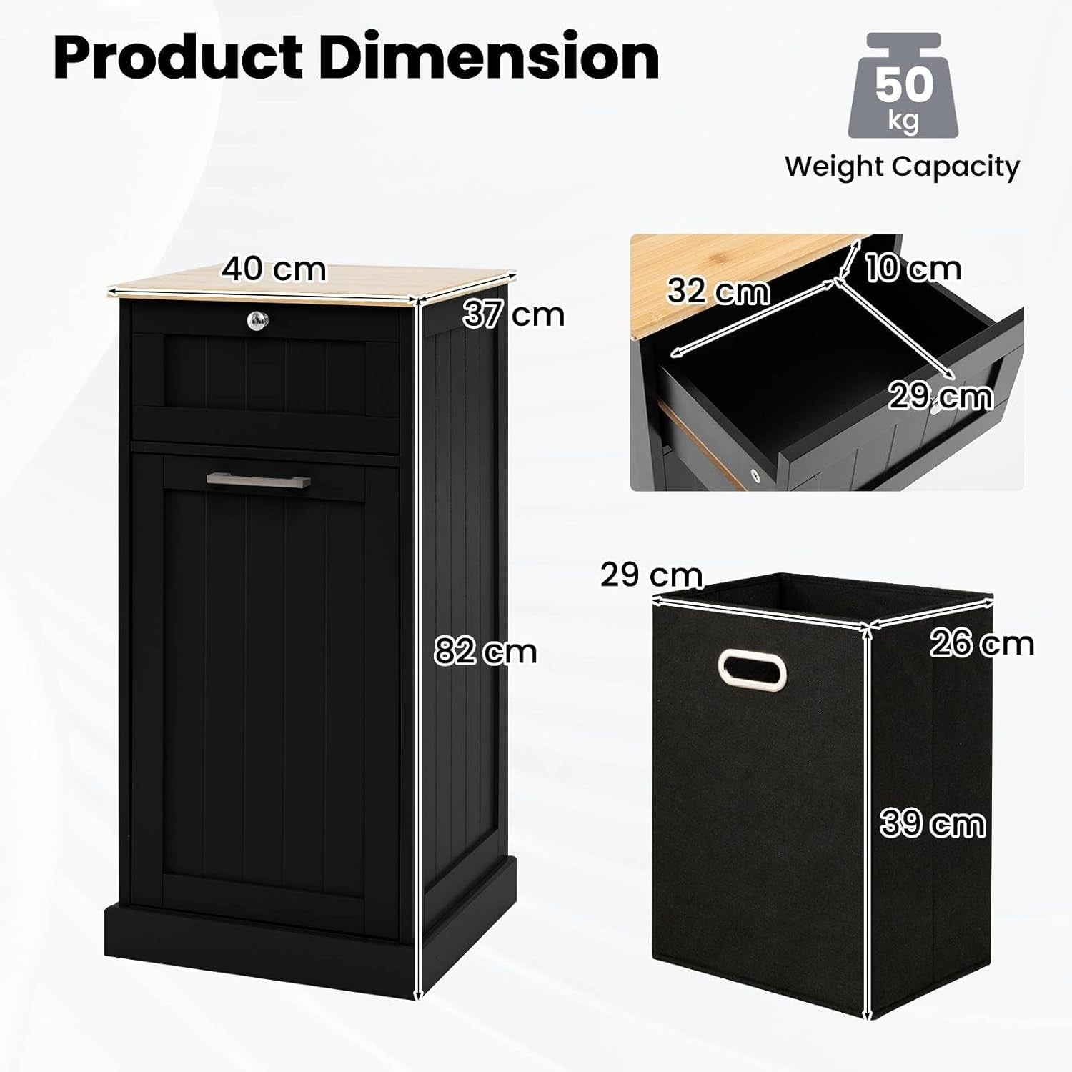 Black Tilt-Out Laundry Hamper Cabinet with Drawer 30L Basket Bathroom Unit