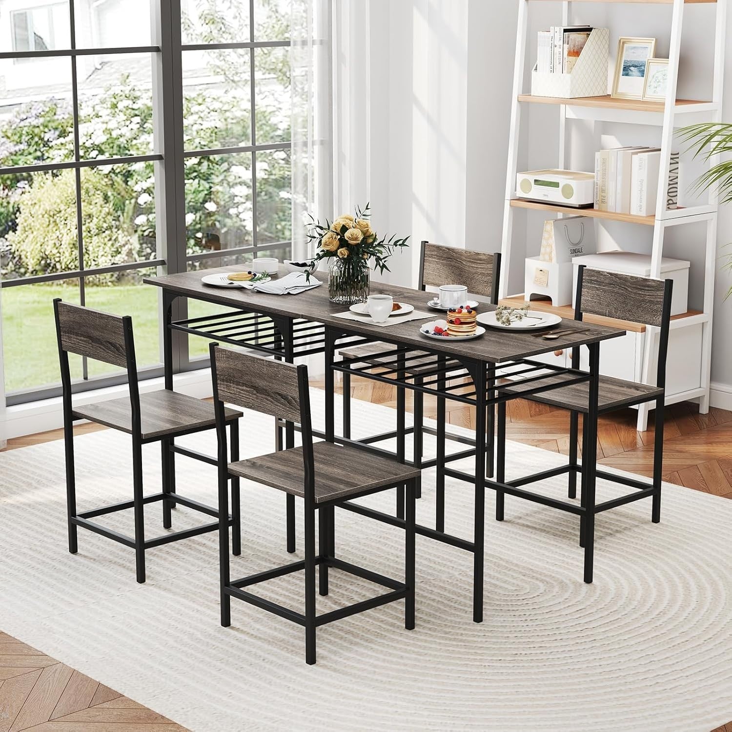Grey 3-Piece Dining Table Set with 2 Chairs & Storage Rack Kitchen Bistro