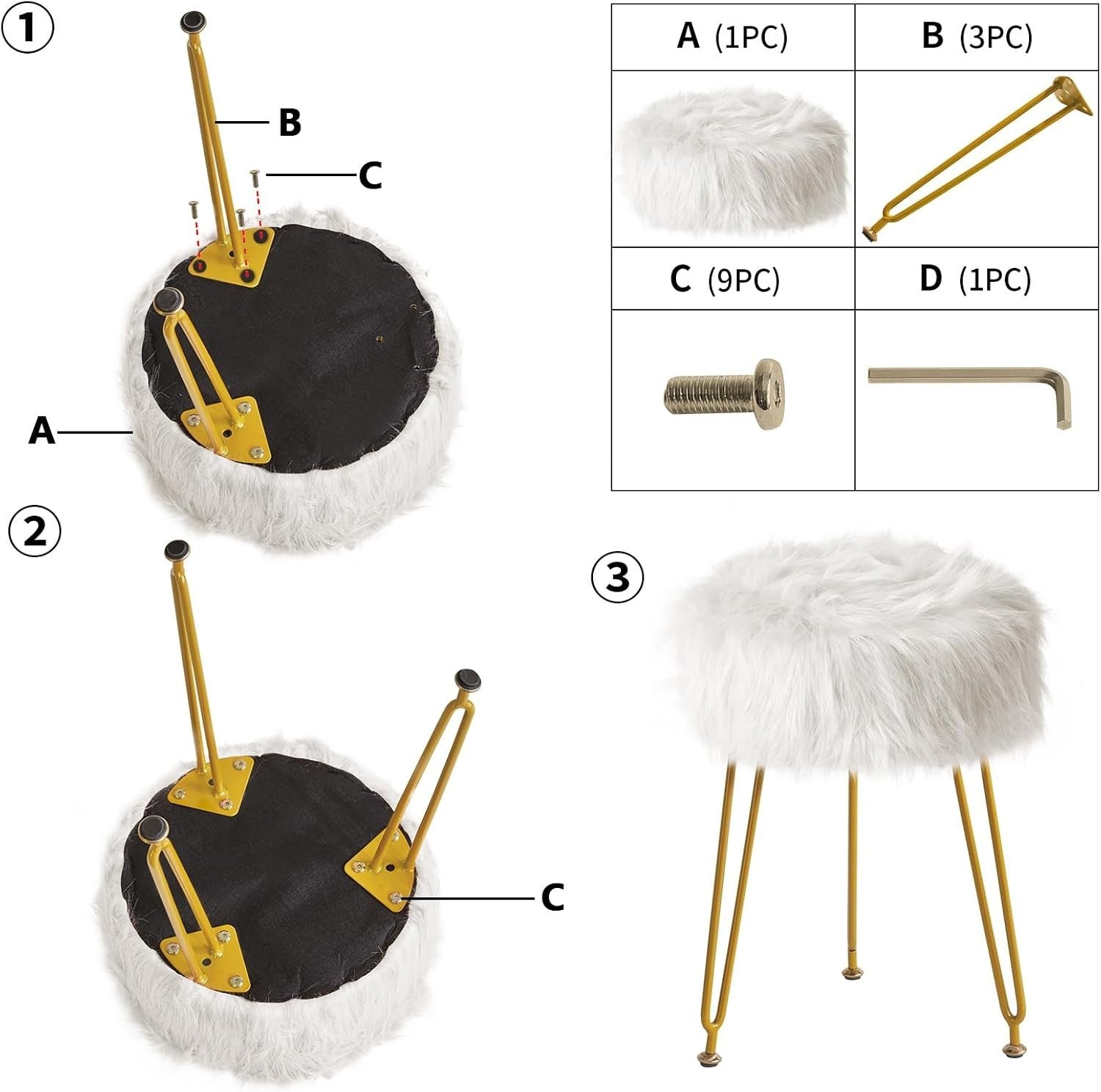 White Faux Fur Vanity Stool with Storage – Round Makeup Ottoman with Metal Legs