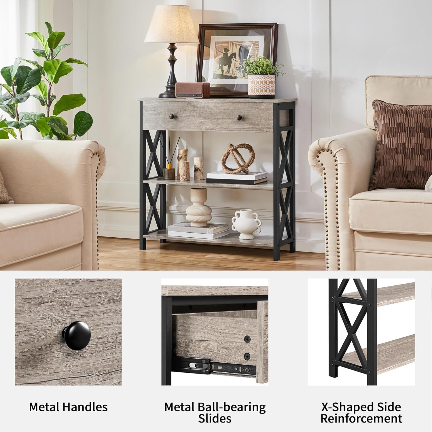 Compact Grey Console Table with Drawer & 2 Shelves, 80x29.5x81cm, Stylish