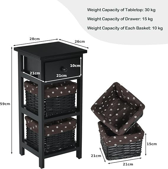 Black Bedside Tables Set of 2 with Drawer & Wicker Baskets, Tall Storage