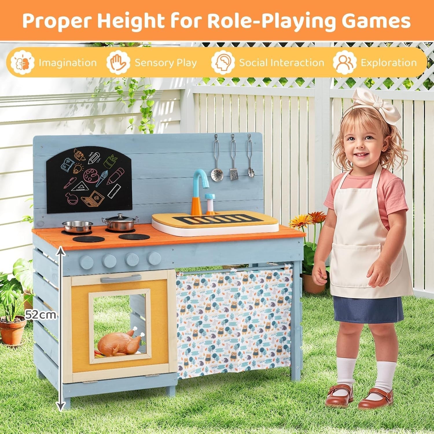 Outdoor Mud Kitchen Wooden Kids Playset Sink Chalkboard Toy Set