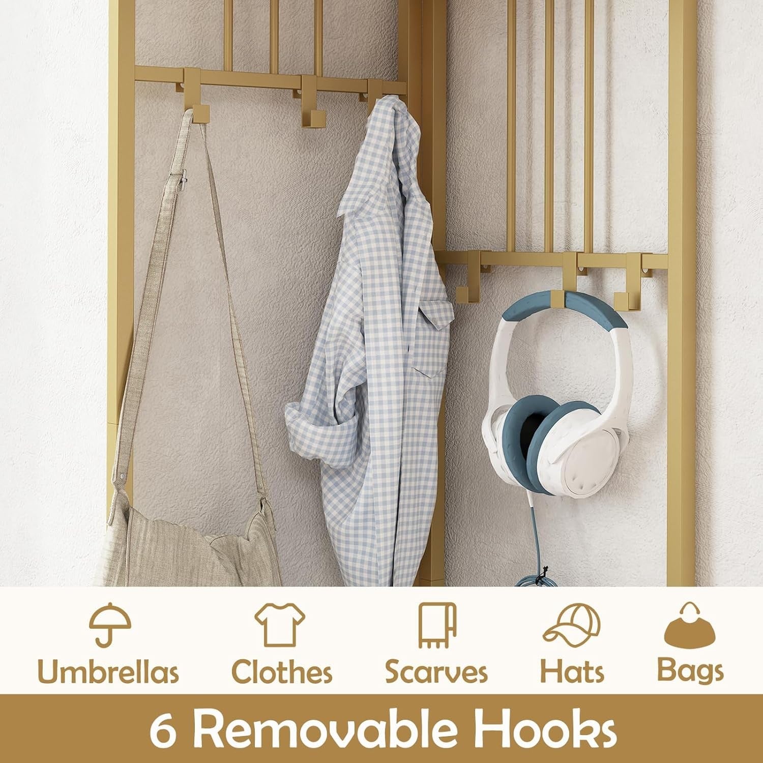 White Gold Corner Coat Rack 4-Tier Hall Tree with Shoe Bench & 6 Hooks
