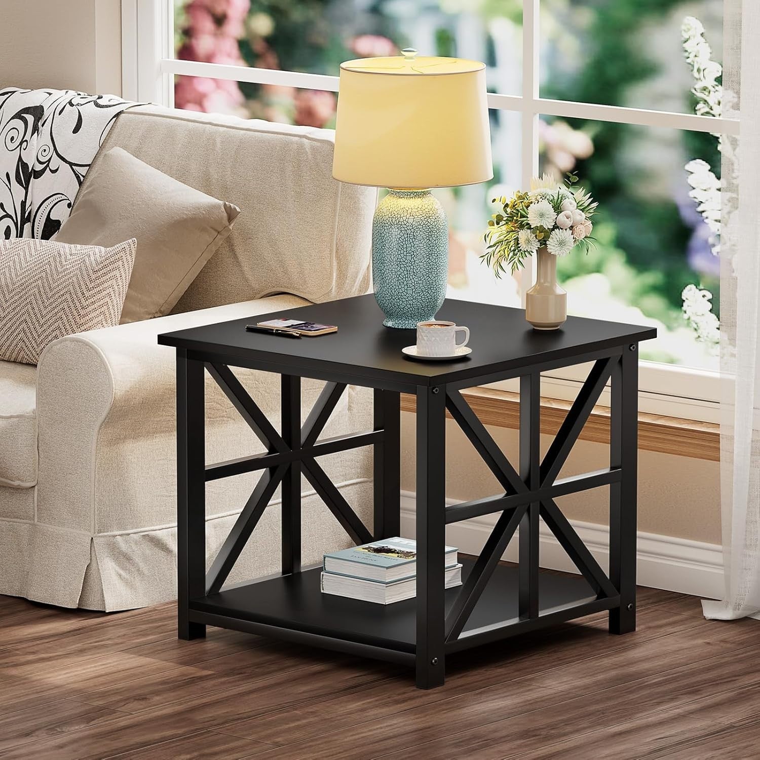 Black 2-Tier Square Side Table 50x50x50 cm | Farmhouse End Table w/ Storage