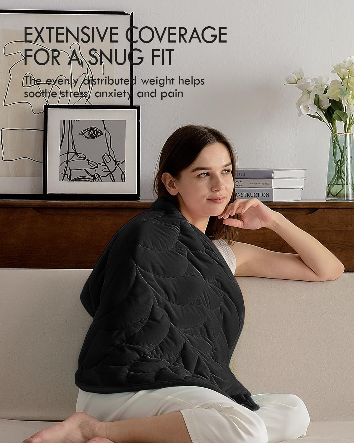 Weighted Lap Blanket 5lbs Black Soft Velvet Travel Leaf Design Stress Relief