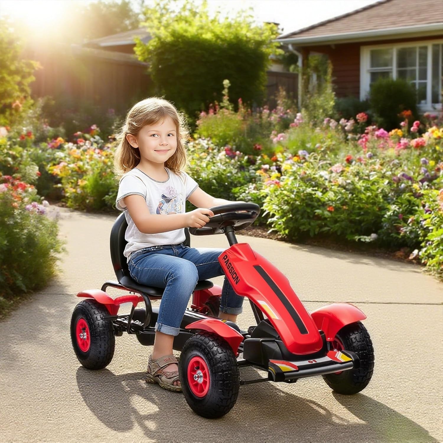 Kids Pedal Go Kart Ride On Racer Red Adjustable Seat Rubber Tyres 50kg