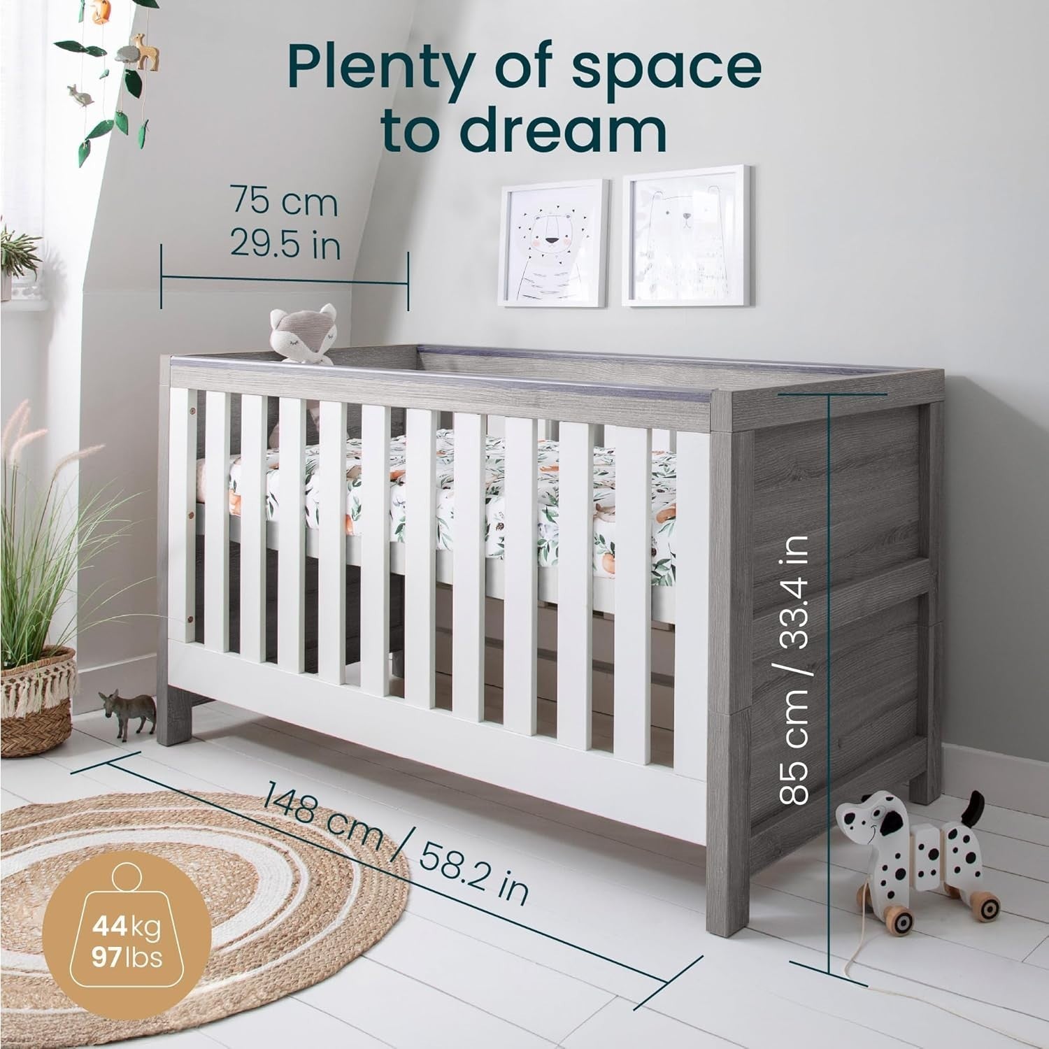 3in1 Wooden Baby Cot Bed Toddler Day Bed Adjustable Rails White/Grey Ash 140x70