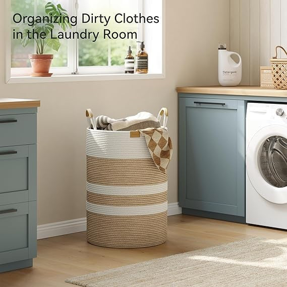 95L Foldable Laundry Basket with Leather Handles, Large Woven Beige Stripes Hamp