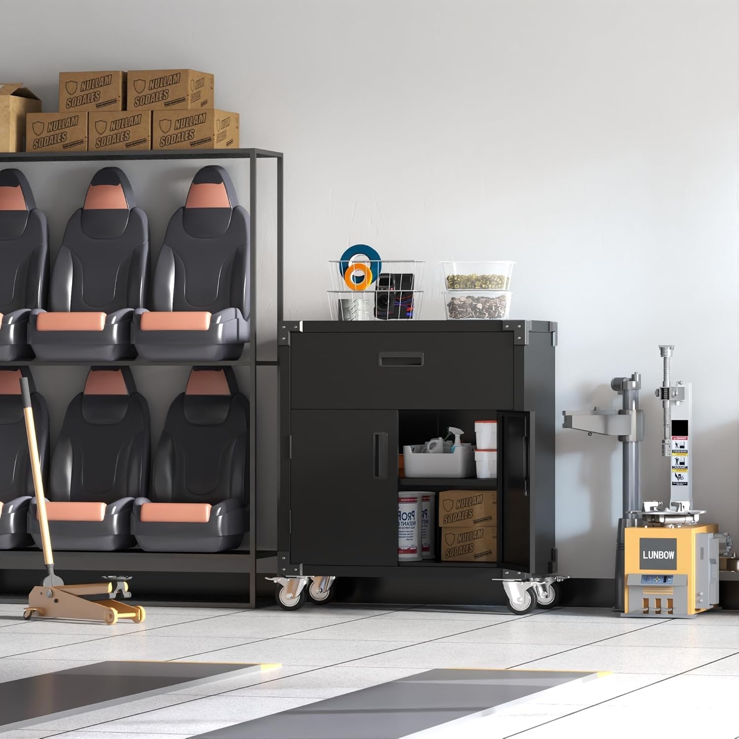 Metal Storage Cabinet with Wheels 2 Doors 1 Drawer Garage Office Organizer