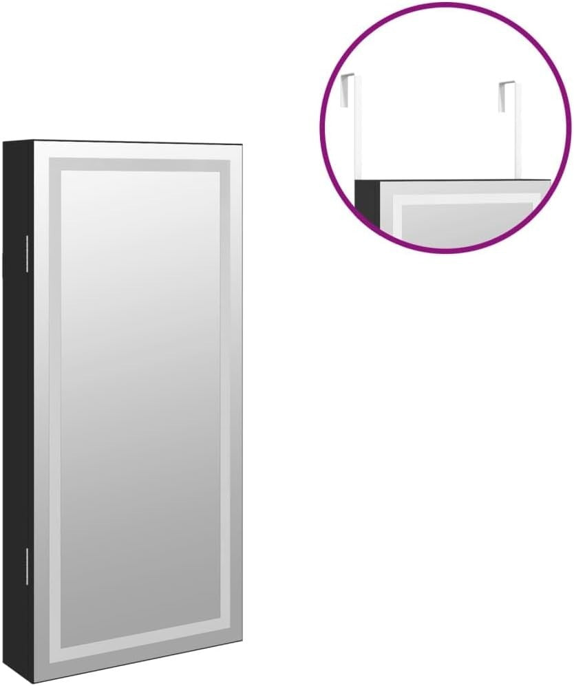 Compact LED Wall Jewelry Cabinet Frameless Mirror Lockable Storage Black