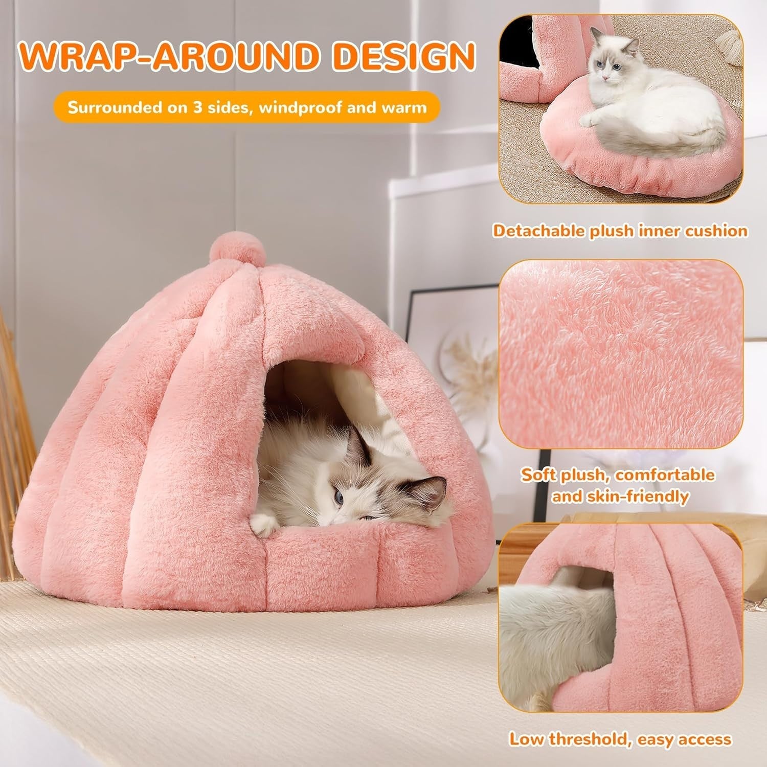 Dog Cat Cave Bed Igloo Pet Tent w Washable Cushion Cozy Warm M