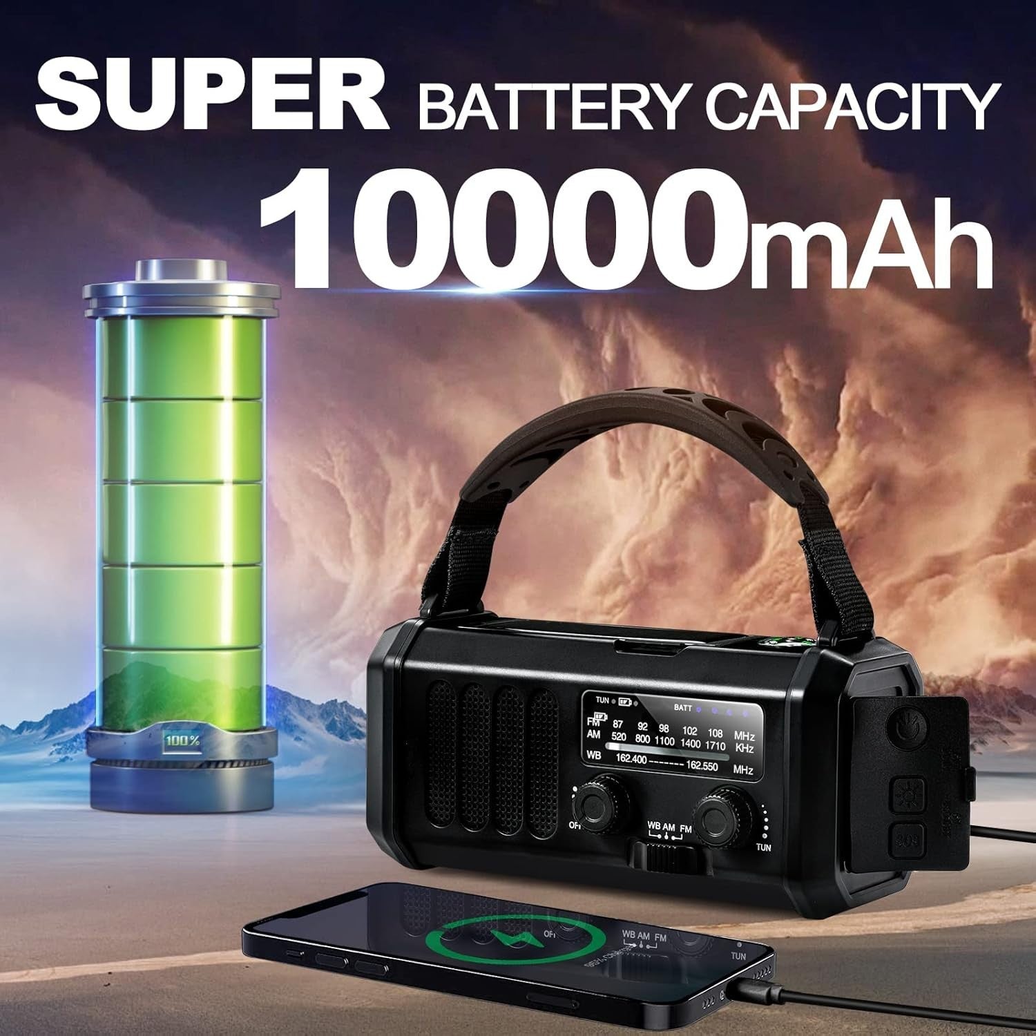10000mAh Emergency Weather Radio Solar Crank Power Bank Flashlight