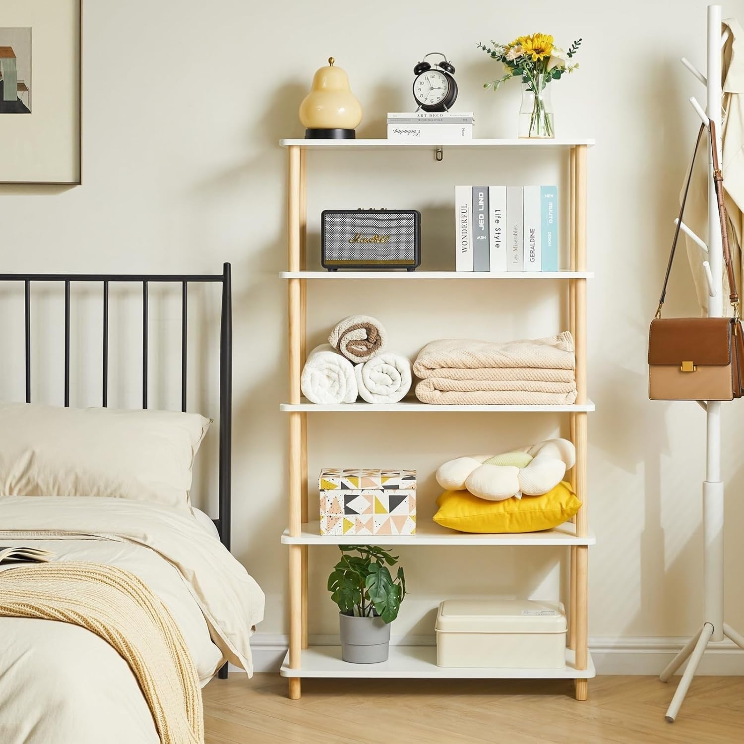 5 Tier Wooden Bookcase White Beech Legs Freestanding Storage Shelf 141cm