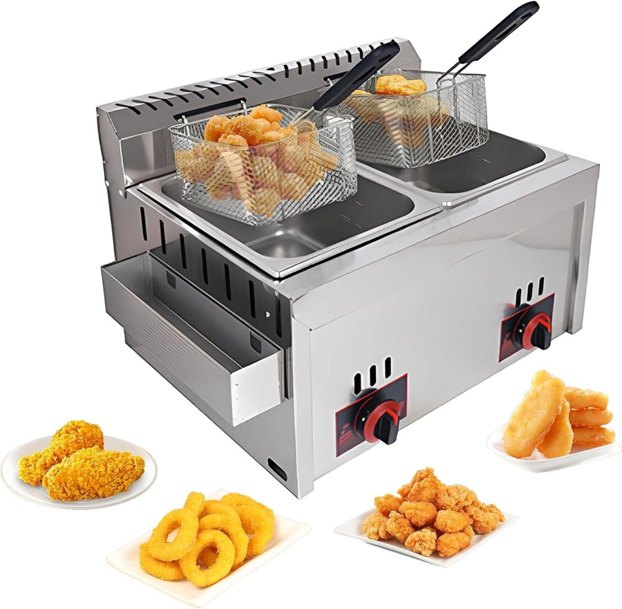 Dual Tank Gas Deep Fryer 20L Countertop Stainless Steel Commercial