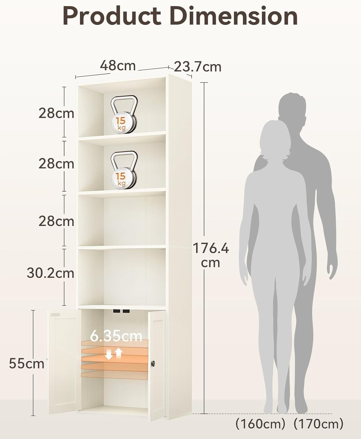 6 Tier White Bookcase with Doors Tall Storage Cabinet Shelf 48x24x176cm Display
