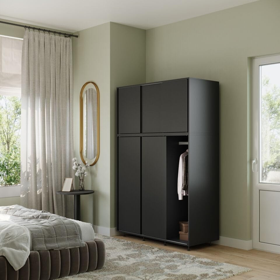 6-Door Black Sliding Wardrobe with Adjustable Feet & Spacious Bedroom Storage