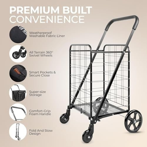 Heavy Duty Foldable Shopping Trolley 50kg 360° Swivel Wheels Waterproof Liner