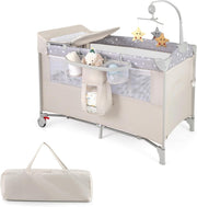 5in1 Baby Travel Cot Bedside Crib Bassinet w/ Mattress Changer Music Toys Beige