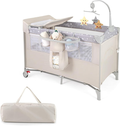 5in1 Baby Travel Cot Bedside Crib Bassinet w/ Mattress Changer Music Toys Beige