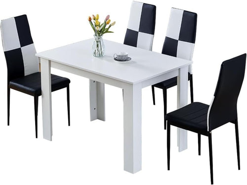 Modern 5-Piece White Dining Table & 4 Black & White PU Leather Chairs Set