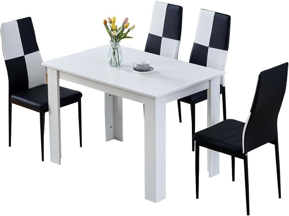 Modern 5-Piece White Dining Table & 4 Black & White PU Leather Chairs Set