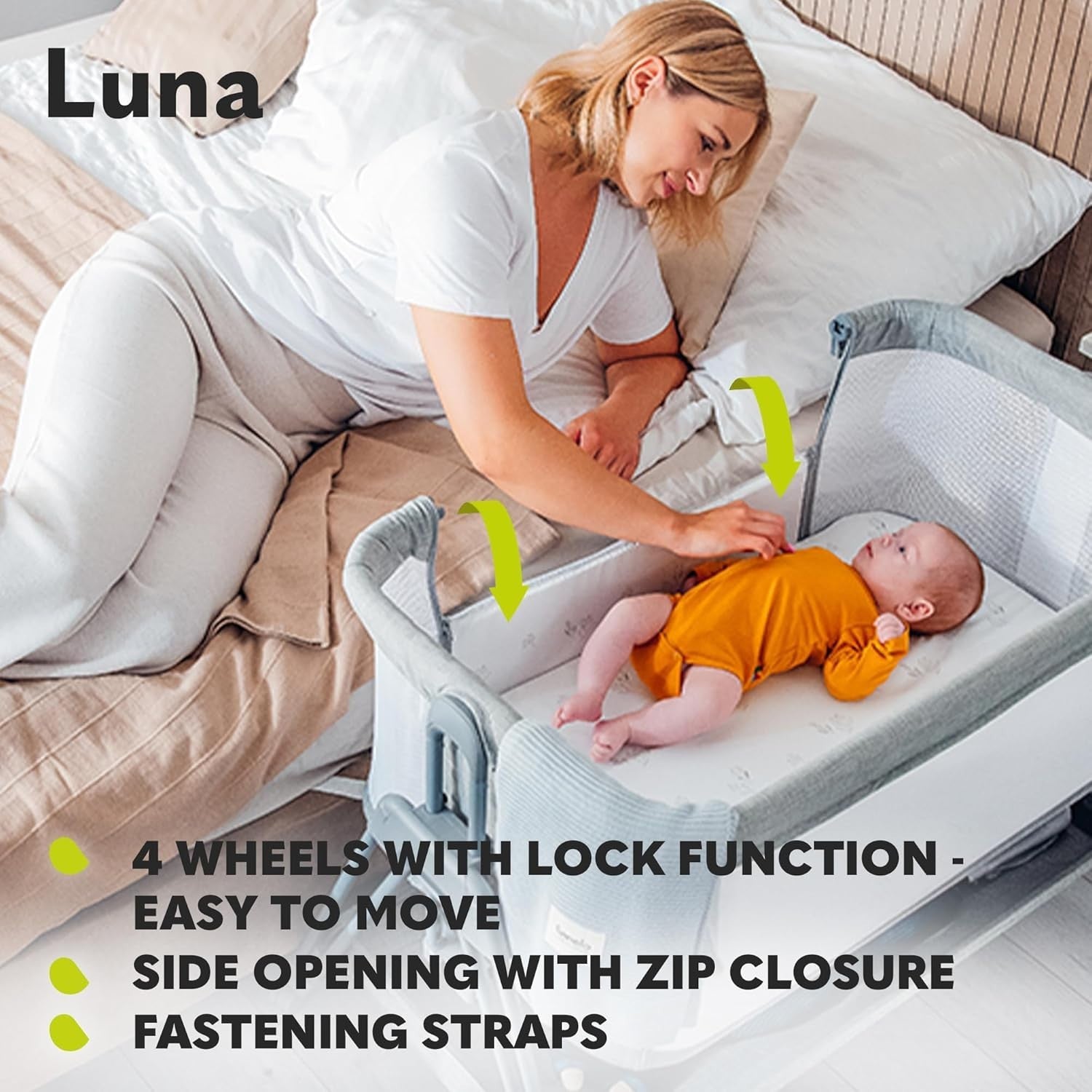 2in1 Baby Bedside Crib Adjustable Height Incline Cot with Wheels & Storage Beige