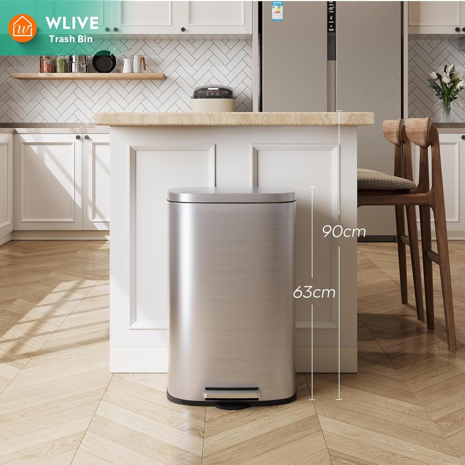 50L Stainless Steel Pedal Bin – Soft Close Lid, Removable Inner Bucket