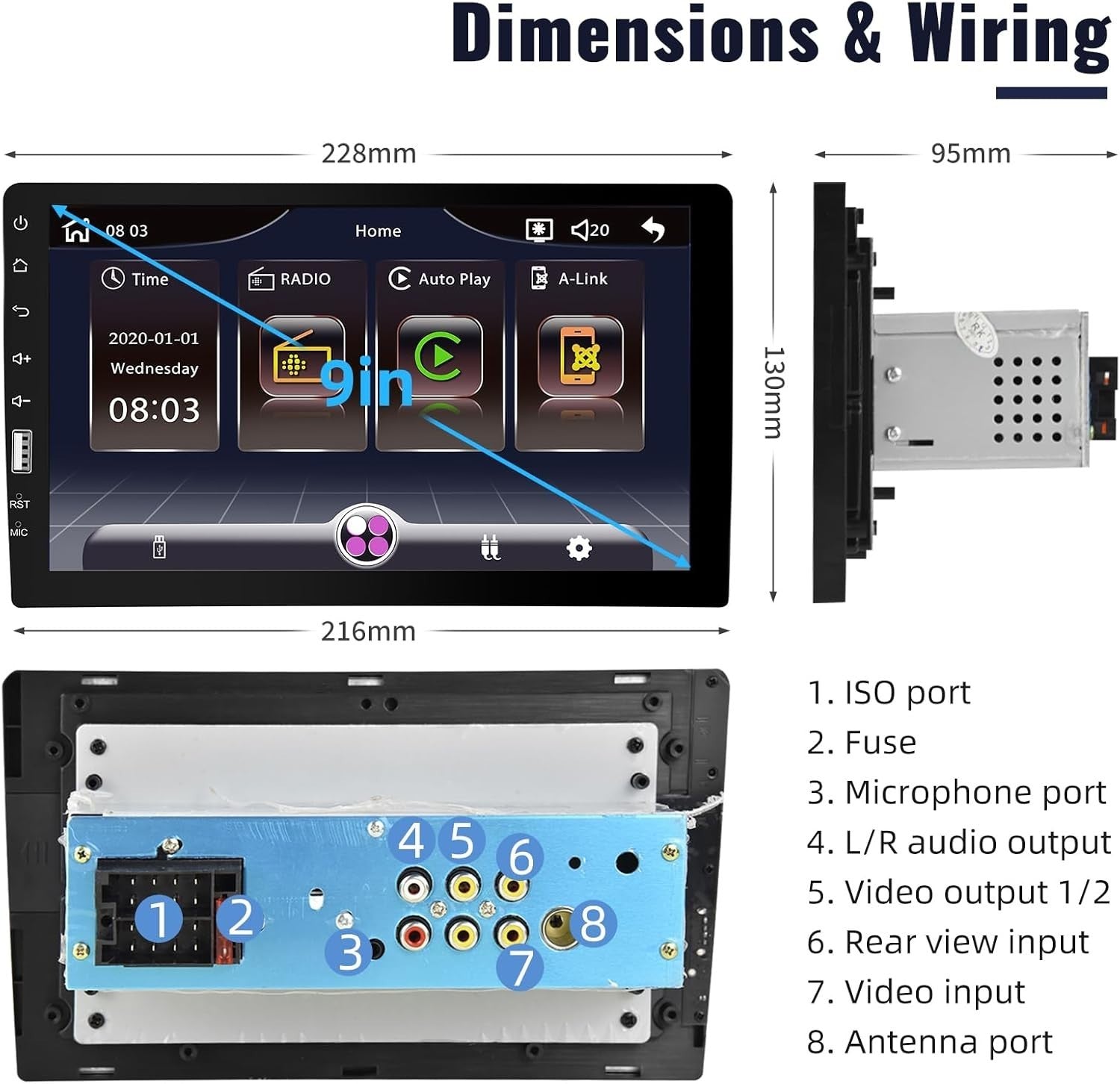 9" Single Din Car Stereo Wired CarPlay Android Auto Bluetooth FM AM