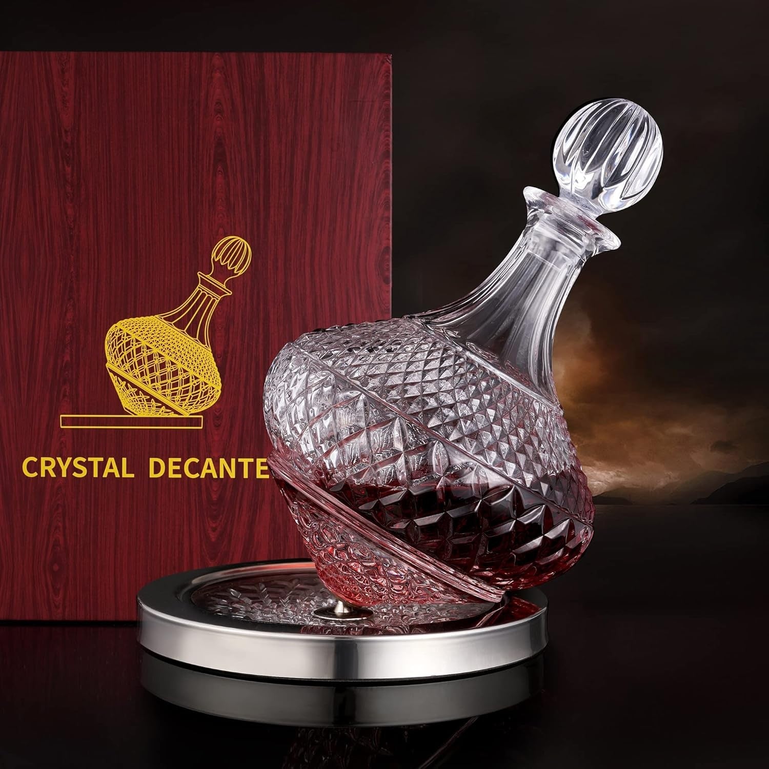 Crystal Spinning Wine Decanter 1.5L with Lid Luxury Gift Box Aerator Base
