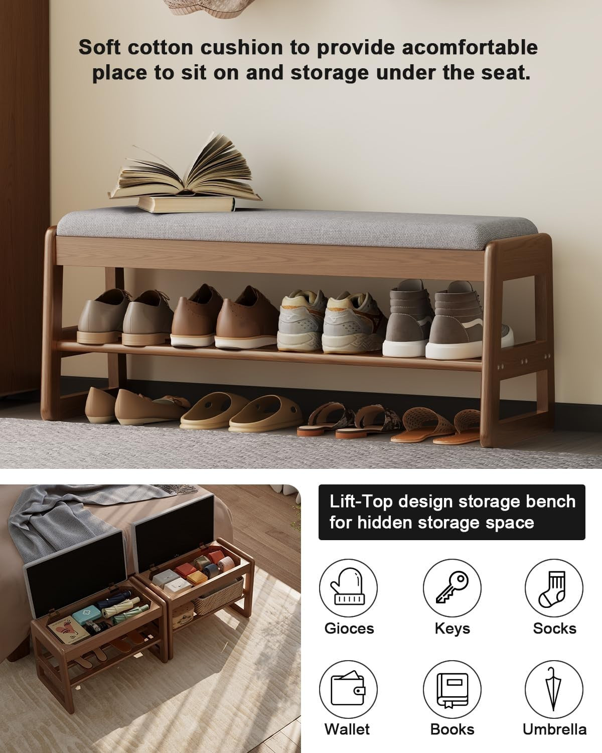 Small 2-Tier Shoe Bench with Flip-Top Storage Cushion Seat – Entryway