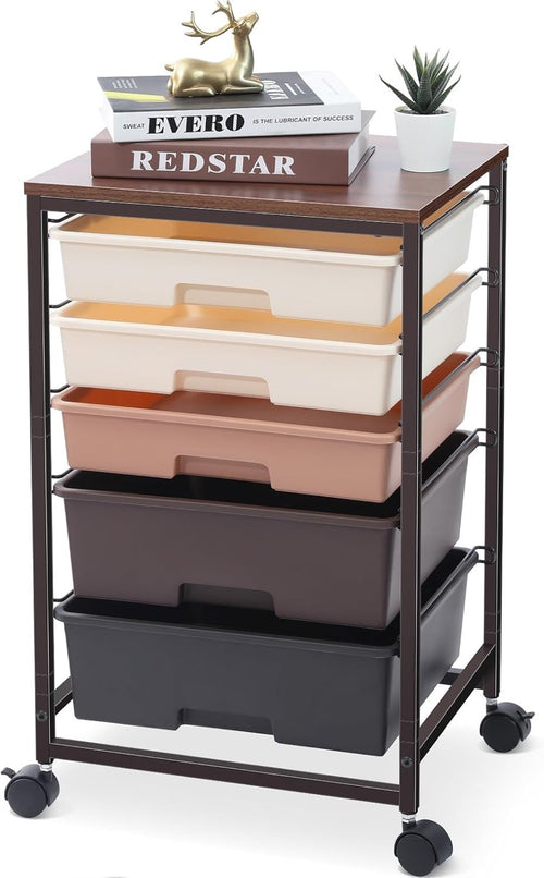 5 Drawer Rolling Storage Trolley Cart with Wheels Utility Organizer Brown
