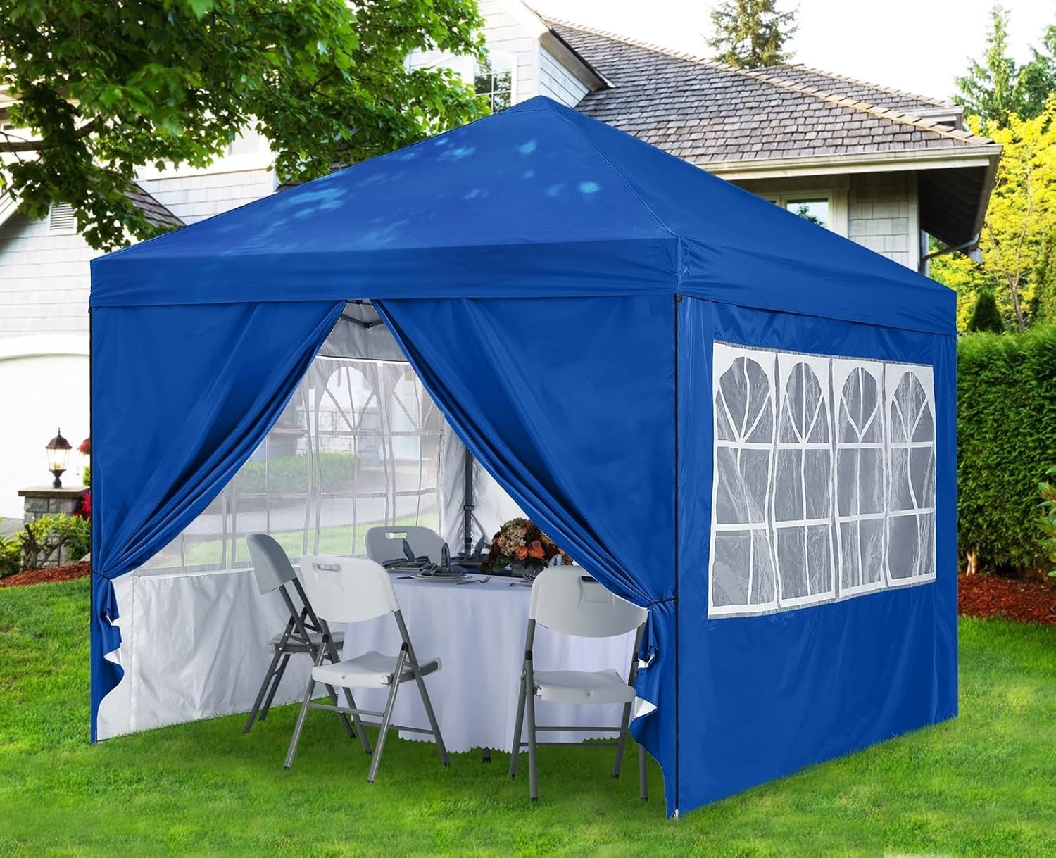 3x3M Blue Pop Up Gazebo With 4 Church Windows Waterproof Outdoor Tent
