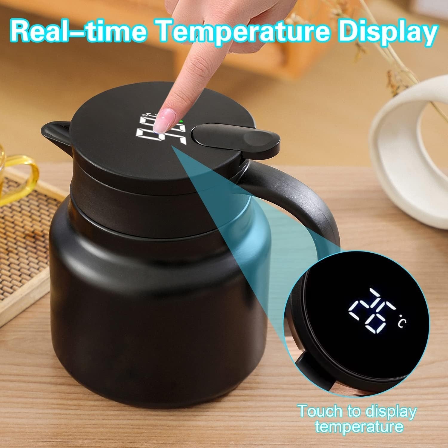Vacuum Teapot 800ml Stainless Steel Tea Coffee Pot Temp Display Black