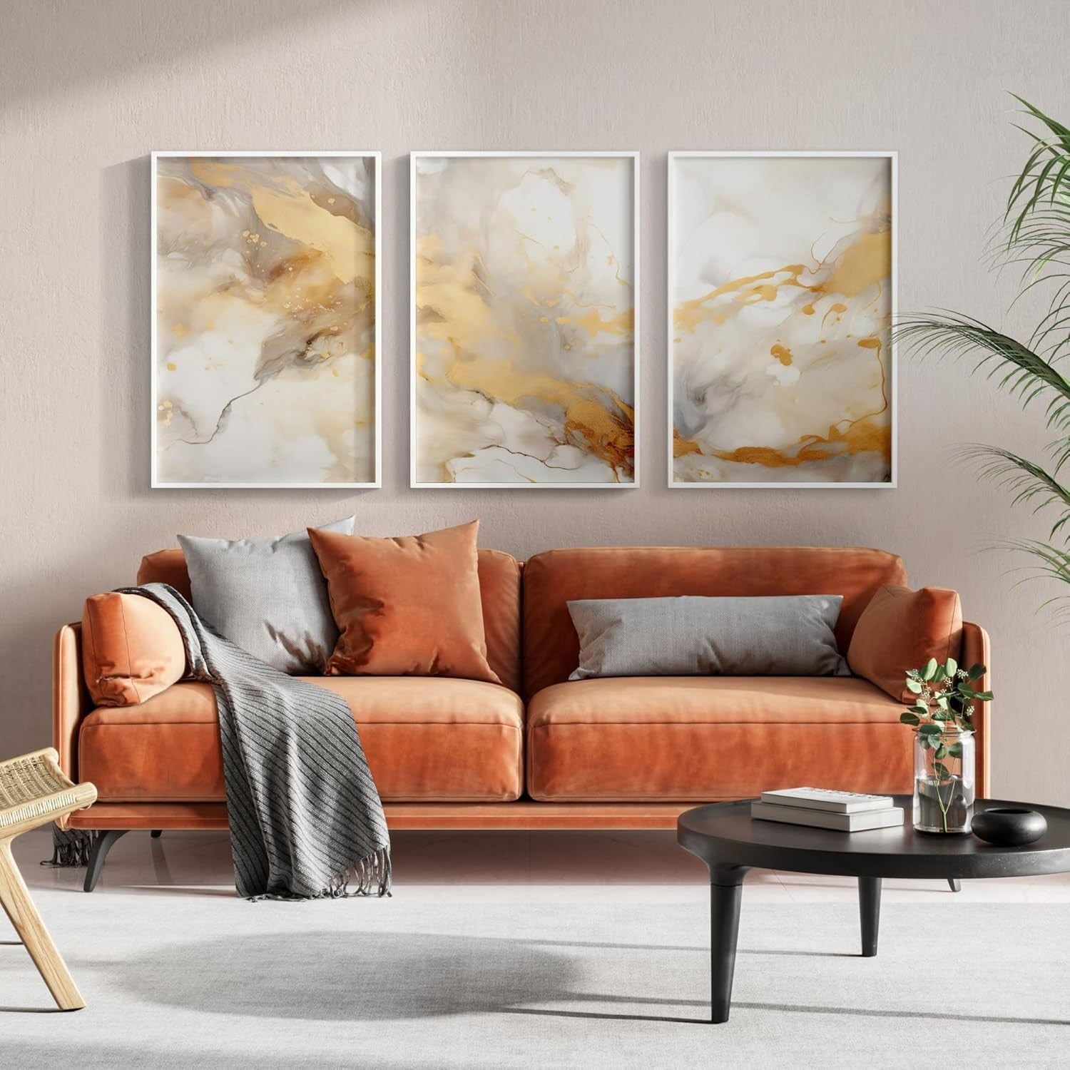 Gold Abstract Wall Art Set of 3 A3 A4 Unframed Beige Prints