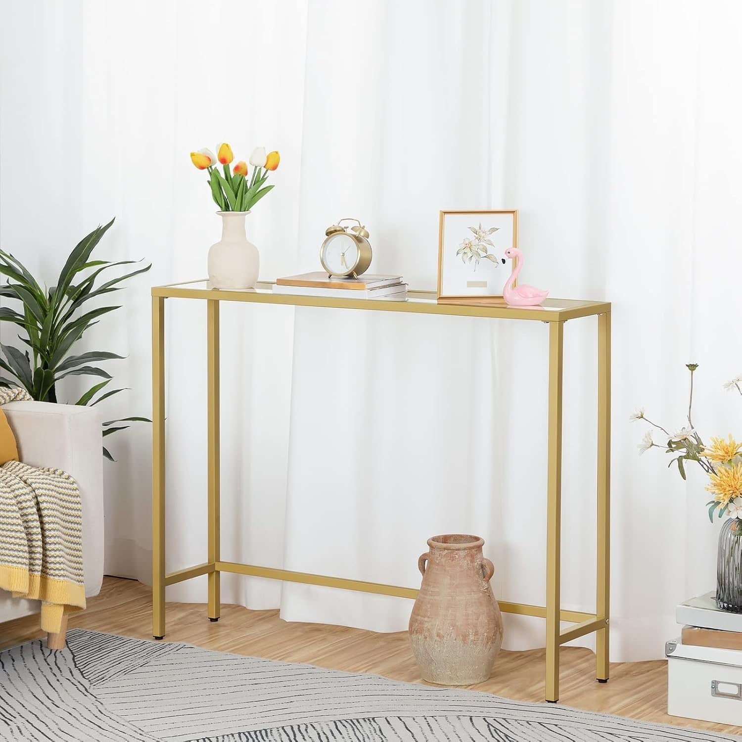 Slim Gold Console Table with Tempered Glass, Adjustable Feet, 100x22x80 cm
