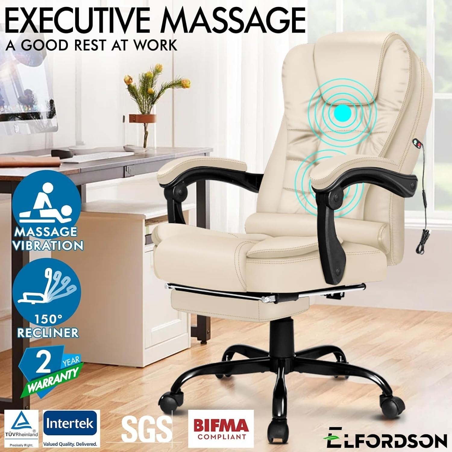 Luxury Office Massage Chair Reclining PU Leather Desk Seat Adjustable Footrest