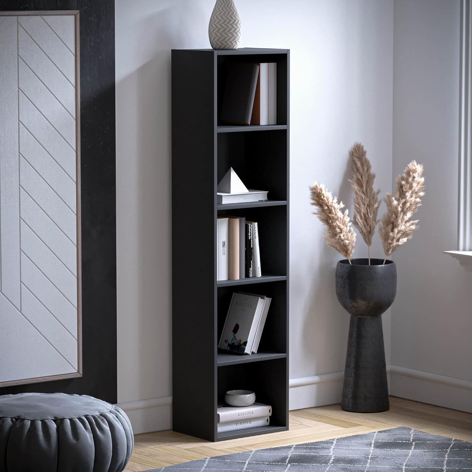5 Tier Black Wooden Cube Bookcase Small Storage Shelf for Living Room Office